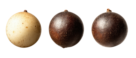 Three round fruits, transitioning from pale to dark brown