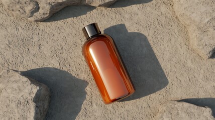 Orange bottle of cosmetic product casting a shadow on sandy ground