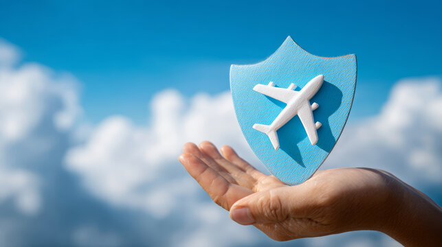 Airplane travel insurance protection safety shield sky cloud hand security start sentence calm and confident, promoting peace of mind for flight