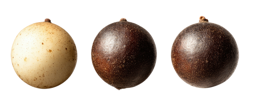 Three round fruits, transitioning from pale to dark brown
