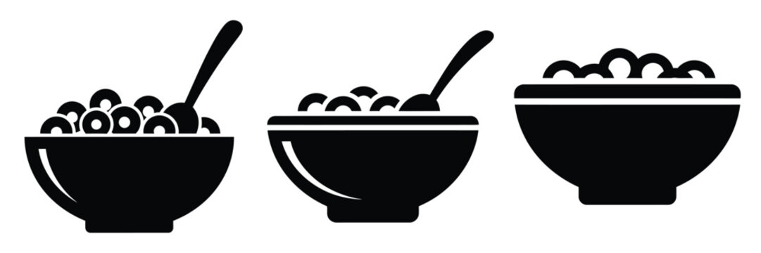cereal bowl minimal food icon set, black color and white background