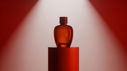 Elegant amber perfume bottle displayed under dramatic red spotlight