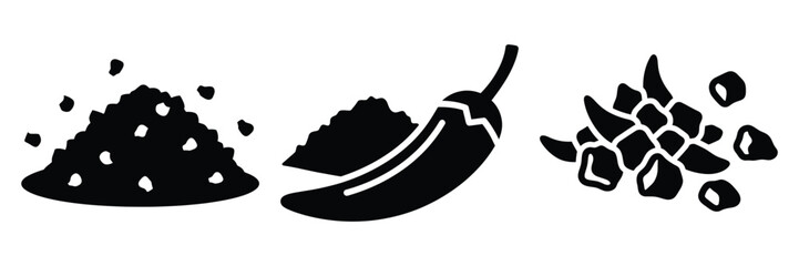chili flakes minimal food icon set, black color and white background