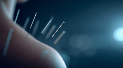Acupuncture needle therapy shoulder pain relief wellness alternative treatment clinic calm scene of acupuncture needles shoulder for pain relief