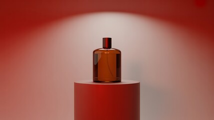 Amber glass bottle on a red pedestal under spotlight
