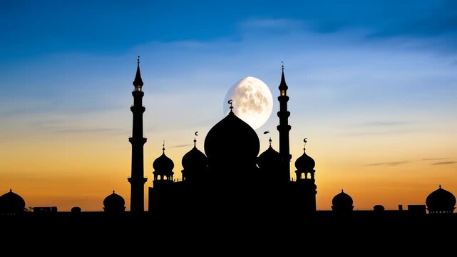Eid Mubarak celebration video with mosque silhouette against a vibrant sunset and moon phases