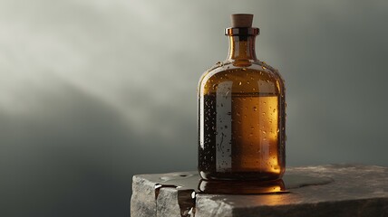 Amber glass bottle with cork stopper on rustic wooden surface