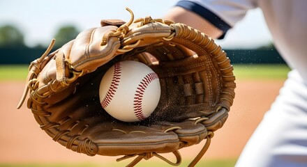 Baseball nestled inside a leather mitt on a sunny day with blurred field background