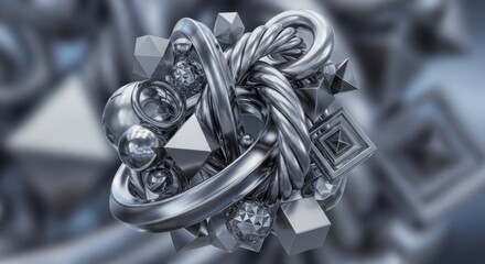 Abstract Silver Metallic Sculpture Comprising Various Geometric and Twisted Forms with Reflective