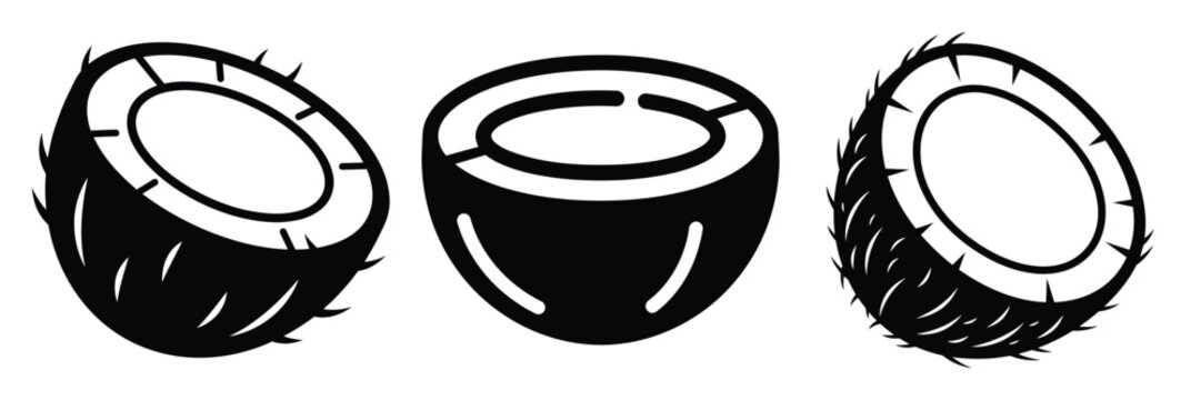 coconut half minimal food icon set, black color and white background