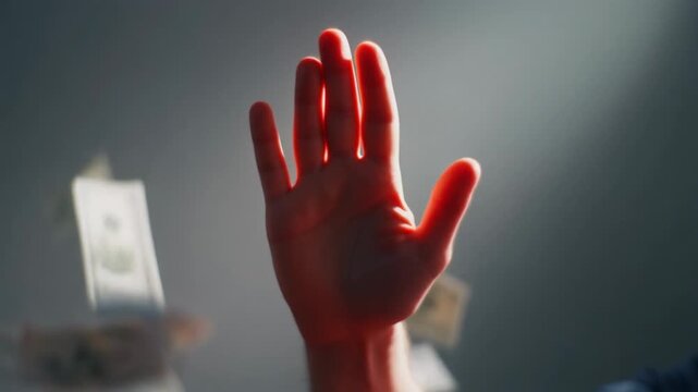 Hand stops falling money symbolizing financial control