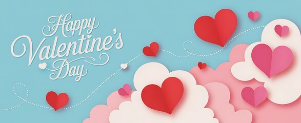 Happy valentines day with red and pink hearts and clouds