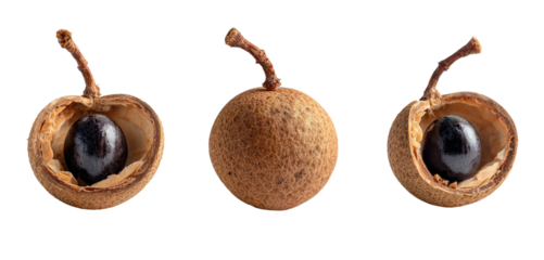 Three fruits, one whole and two opened, show dark seeds