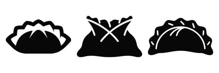 dumpling fold minimal food icon set, black color and white background
