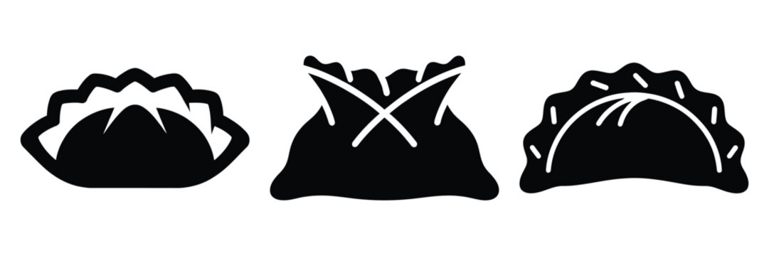 dumpling fold minimal food icon set, black color and white background