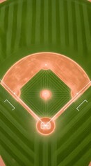 An aerial view of a baseball field with neatly striped green grass and the orange infield dirt