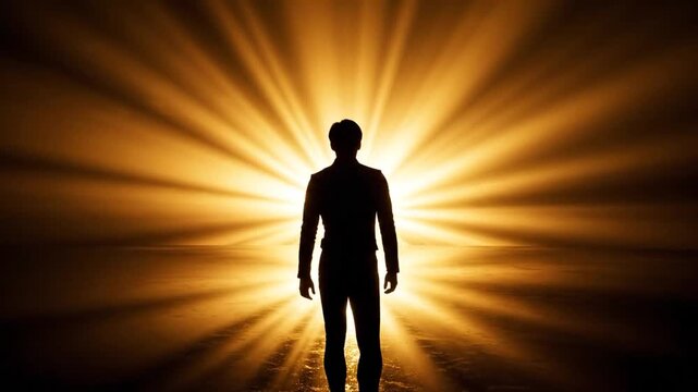 Silhouette of a person standing in bright golden light rays
