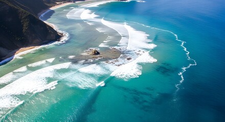 Aerial view of a rugged coastline with turquoise ocean waves breaking against a sandy beach and rocky outcrops