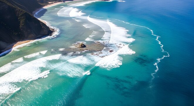 Aerial view of a rugged coastline with turquoise ocean waves breaking against a sandy beach and rocky outcrops