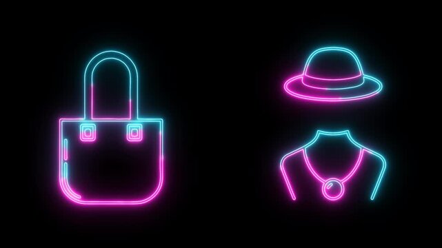 Three glowing neon icons are displayed on a alpha channel transparency a purse, a hat, and a necklace colored in shades of blue and pink.
