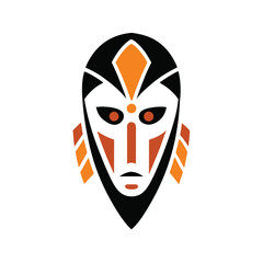 Tribal African Mask Icon with Orange and Black Accents on White Keywords: tribal, mask, african, icon, art, culture, design, symbol, face, ritual
