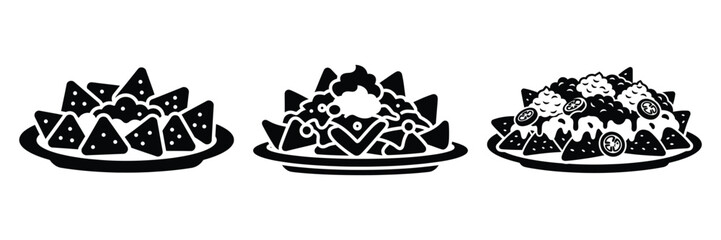 nachos plate minimal food icon set, black color and white background