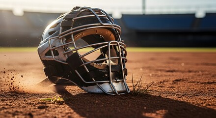 Catcher's mask rests on baseball infield dirt with stadium in background