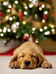 Adorable golden retriever puppy sleeping peacefully on floor with Christmas tree bokeh lights in cozy holiday background. Generative AI.