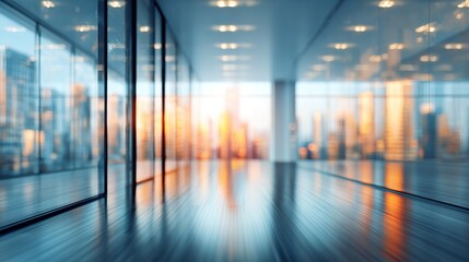 Modern blurred office space of a business building center. Glass wall with empty space. Blurred abstract light background for presentation and design. High quality