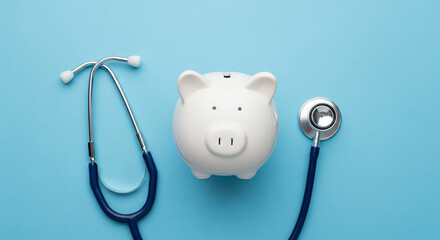 Piggy bank and stethoscope on blue background symbolize healthcare costs