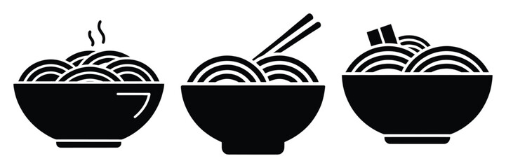 ramen bowl minimal food icon set, black color and white background