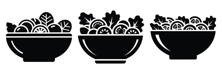salad bowl minimal food icon set, black color and white background