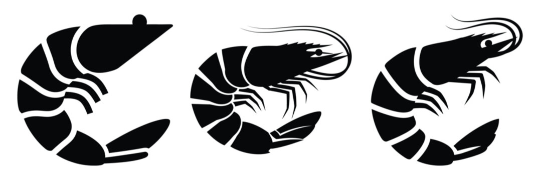 shrimp curve minimal food icon set, black color and white background