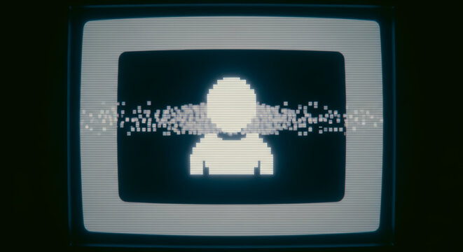The vintage television screen displays a pixelated silhouette of a person, creating an atmosphere of mystery and digital abstraction.