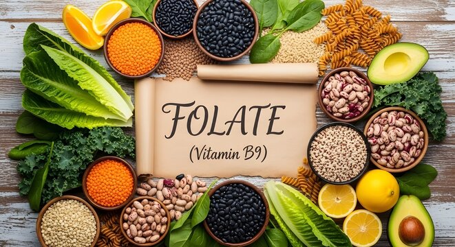 Folate (Vitamin B9) Food Sources: Healthy Diet and Nutrition Concept with Fresh Ingredients