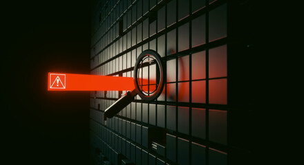 A digital search with a magnifying glass piercing through a structured wall, highlighting a precise area of interest, the scene conveys precision and clarity.