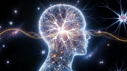 Dynamic human brain activity with glowing neural networks and cosmic energy pathways, perfect for science, technology, and mind-body connection projects, exploring consciousness and innovation