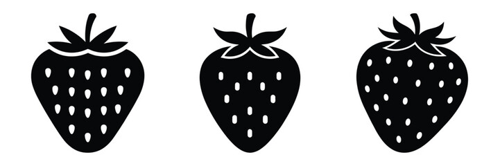 strawberry fresh minimal food icon set, black color and white background