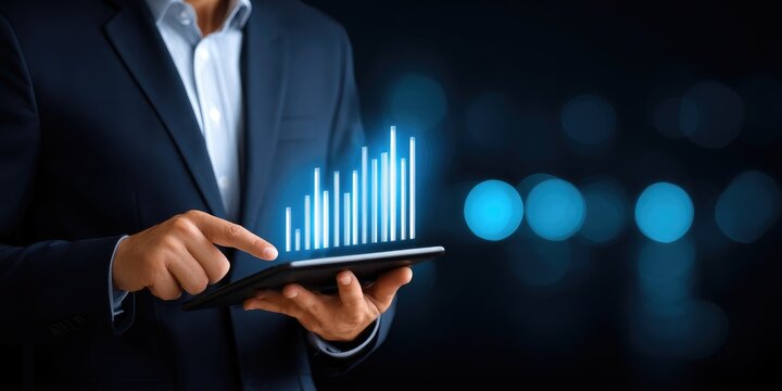 Business growth strategies corporate office digital analytics evening close-up future planning