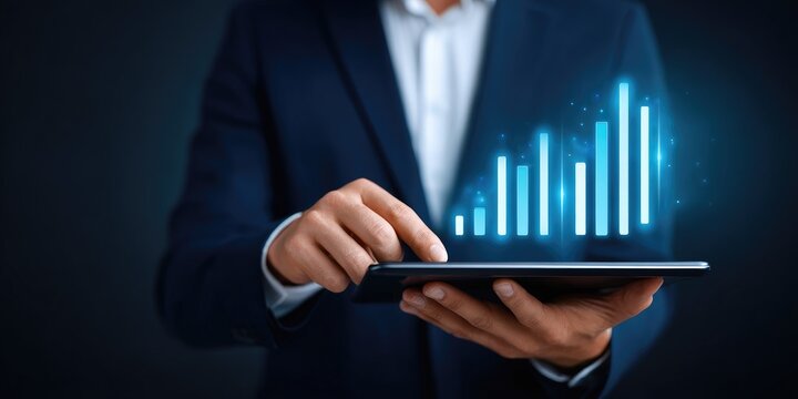 Analyzing business growth metrics using digital tools corporate office infographic professional environment close-up view data visualization for strategic planning