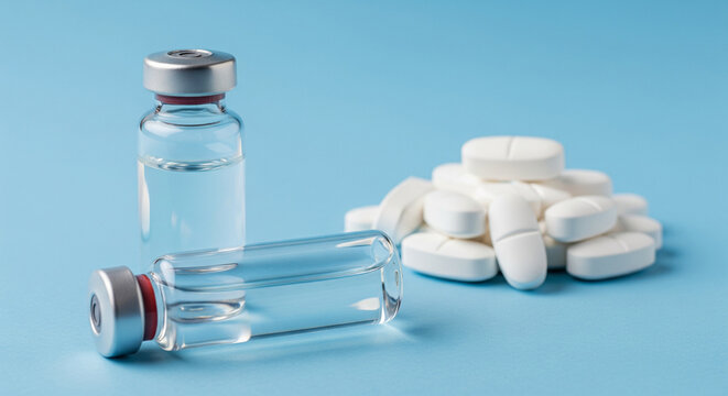Medical vials and pills on a blue background, healthcare and medicine concept