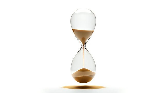 A melting hourglass where sand drips out like liquid, representing time slipping away; isolated on pure white background.