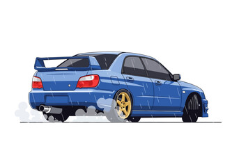 Blue Sports Car with Large Spoiler and Gold Wheels Drifting in Rain Rear View Illustration.