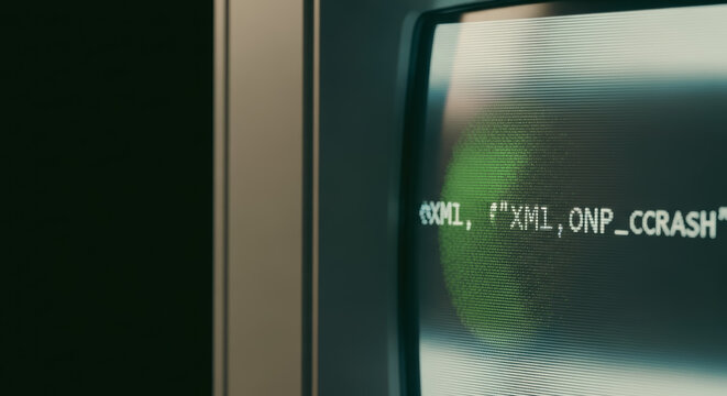 A close-up captures a vintage computer screen displaying lines of intricate code, hinting at the digital age and data processing.