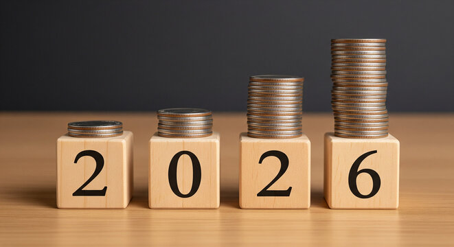 Financial growth concept with coins stacked on wooden blocks labeled 2026