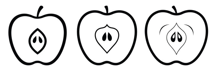 apple slice minimal food icon set, black color and white background