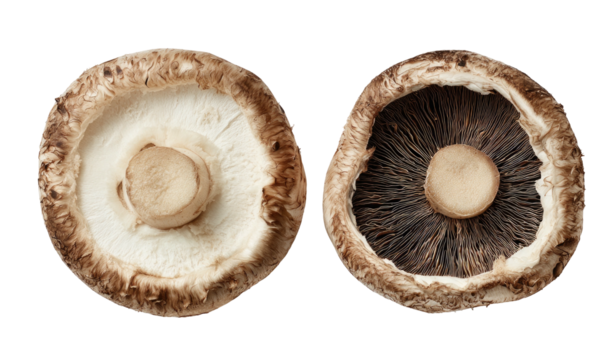 Two large mushrooms shown from the bottom with contrasting gill colors