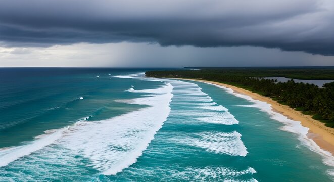 Turquoise ocean waves crash on a sandy beach beneath dark storm clouds