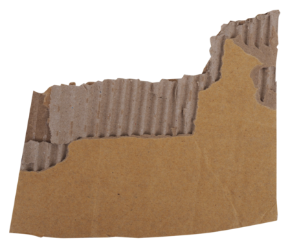 Torn corrugated cardboard paper piece with ripped brown kraft carton texture, perfect for collage design and grunge background, frame, border, note memo on transparent background, PNG