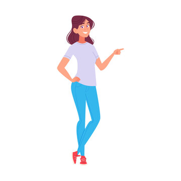 Confident Young Woman Pointing Sideways with a Happy Smile